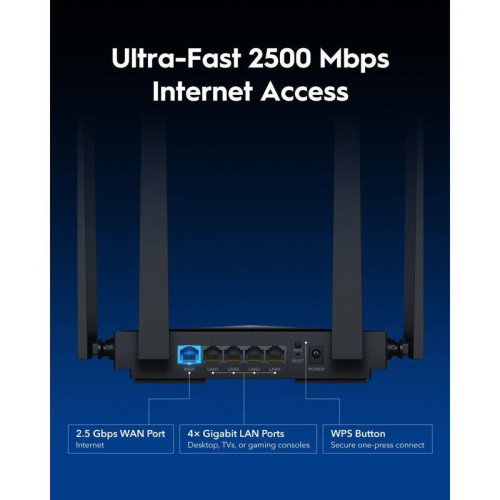 Маршрутизатор/ BE3600 2.5G Dual Band Wi-Fi 7 Mesh Router, Chipset Broadcom, 802.11be/ax/ac/a/b/g/n, 2882Mbps at 5GHz + 688Mbps at 2.4GHz, 1 x 2.5Gbps WAN Port, 4 x 10/100/1000Mbps Ports, 4 x 5dBi fixed antennas, WiFi router/AP/ Repeater/WISP Mode, PPTP/L2