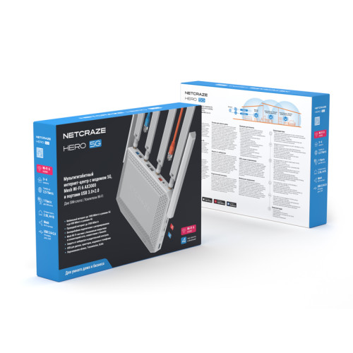 Маршрутизатор/ Netcraze Hero 5G Мультигигабитный интернет-центр с модемом 5G, двумя слотами для SIM-карт, Mesh Wi-Fi 6 AX3000, Smart-коммутатором 1?2.5G и 4?1G, многофункциональными портами USB 3.0 и 2.0