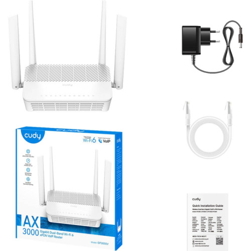 Маршрутизатор/ V2.0, AX3000 Wi-Fi 6 Dual Band Gigabit xPON Router, Realtek chipset, GPON/EPON,  2402Mbps at 5GHz + 576Mbps at 2.4GHz, 802.11ax/ac/a/b/g/n, 1 PON Port, 4 Gigabit RJ45 port, 1 RJ11 Port, Power ON/OFF Button,WPS Button,WiFi Button, Reset butt