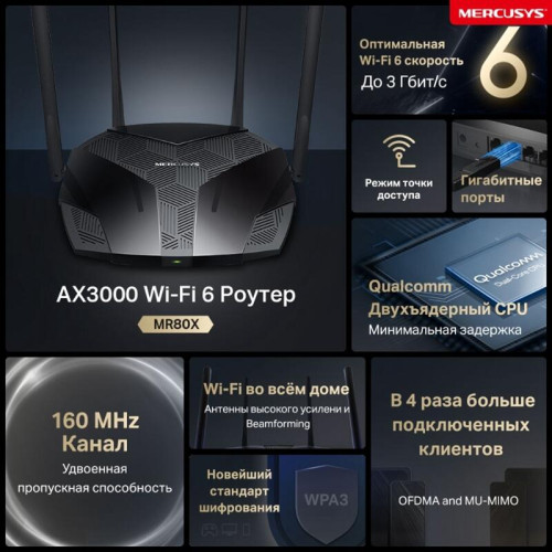 Маршрутизатор/ AX3000 Dual-Band Wi-Fi 6 Router, 574 Mbps at 2.4 GHz + 2402 Mbps at 5 GHz, 4x Fixed External Antennas, 3x Gigabit LAN Ports, 1x Gigabit WAN Port