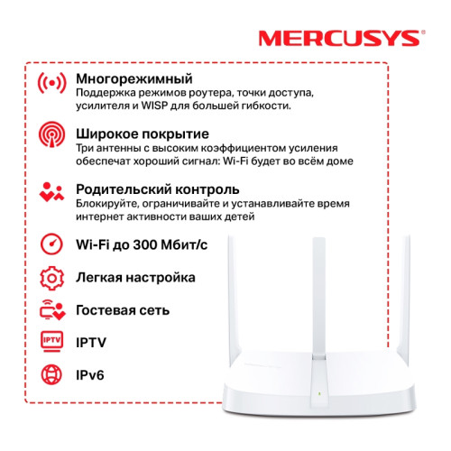 Маршрутизатор/ N300 multi-mode wireless router, 1 10/100Mbps WAN port, 3 10/100Mbps LAN ports, 3 external antennas, 1 Reset/WPS button Маршрутизатор/ N300 multi-mode wireless router, 1 10/100Mbps WAN port, 3 10/100Mbps LAN ports, 3 external antennas, 1 Reset/WPS button
