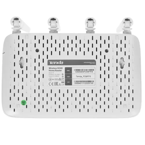 Маршрутизатор/ Tenda F6 Wi-Fi роутер N300, до 300 Мбит/с на 2,4 ГГц, LAN 3x100 Мбит/с, WAN 1x100 Мбит/с, 4x5dBi антенны, белый корпус