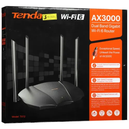 Маршрутизатор/ Tenda TX12 Двухдиапазонный гигабитный Wi-Fi 6 роутер AX3000, до 574 Мбит/с на 2,4 ГГц + до 2402 Мбит/с на 5 ГГц, LAN 2x1Гбит/с, WAN 1x1Гбит/с, 4 антенны