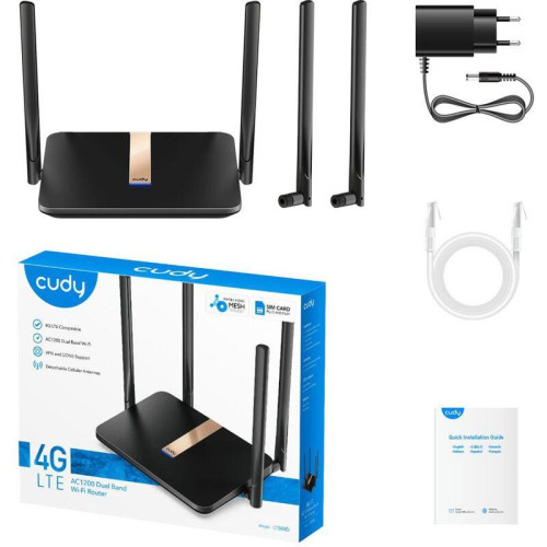 Маршрутизатор/ AC1200 Wi-Fi 4G LTE Cat.4 Router,1200Mbps Wi-Fi, build-in 4G LTE modem, Chipset MediaTek, 300Mbps at 2.4GHz + 867Mbps at 5GHz, 2 WiFi  antennas, 2 Detachable 4G antennas, 4 10/100M RJ45 Ports, Nano SIM Slot, Cudy Mesh Support, PPTP/L2TP/Ope