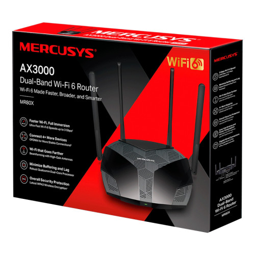 Маршрутизатор/ AX3000 Dual-Band Wi-Fi 6 Router, 574 Mbps at 2.4 GHz + 2402 Mbps at 5 GHz, 4x Fixed External Antennas, 3x Gigabit LAN Ports, 1x Gigabit WAN Port