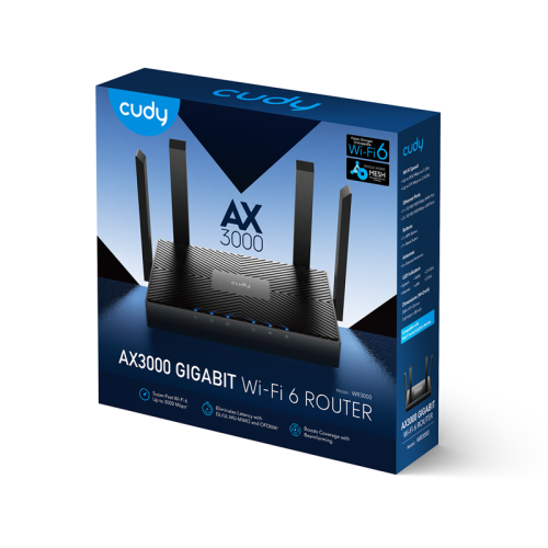 Маршрутизатор/ AX3000 Gigabit Dual Band Wi-Fi 6 Mesh Router, Chipset MT7981BA+MT7976CN+MT7531AE, 802.11ax/ac/a/b/g/n, 2402Mbps at 5GHz + 574Mbps at 2.4GHz, 4 10/100/1000Mbps Ports, 4 x 5dBi fixed antennas, WiFi router/AP/ Repeater/WISP Mode, PPTP/L2TP/Ope