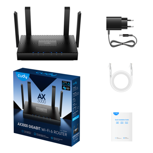 Маршрутизатор/ AX3000 Gigabit Dual Band Wi-Fi 6 Mesh Router, Chipset MT7981BA+MT7976CN+MT7531AE, 802.11ax/ac/a/b/g/n, 2402Mbps at 5GHz + 574Mbps at 2.4GHz, 4 10/100/1000Mbps Ports, 4 x 5dBi fixed antennas, WiFi router/AP/ Repeater/WISP Mode, PPTP/L2TP/Ope