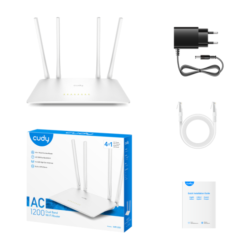 Маршрутизатор/ AC1200 Dual Band Wi-Fi Router, Chipset MediaTek, 802.11ac/a/b/g/n, 867Mbps at 5GHz + 300Mbps at 2.4GHz, 5 x10/100Mbps Ports, WiFi router/AP/ Repeater/WISP Mode,4  5dBi fixed antennas, WPA3, Guest network, WPS, DDNS, VPN Client, IPv6,TR069/T