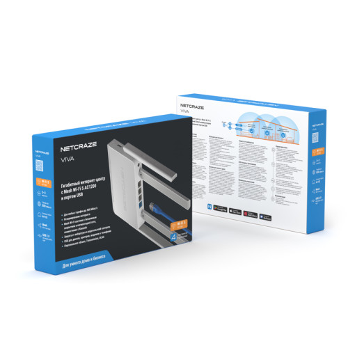 Маршрутизатор/ Netcraze Viva Гигабитный интернет-центр с Mesh Wi-Fi 5 AC1200, 4-портовым Smart-коммутатором и многофункциональным портом USB