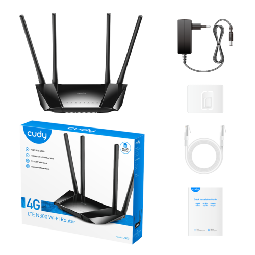 Маршрутизатор/ N300 WiFi 4G LTE Cat.4 Router, 300Mbps Wi-Fi, Chipset MediaTek, 802.11b/g/n, 4 Fixed antennas, 4 10/100M RJ45 Ports, Nano SIM Slot, PPTP/L2TP/OpenVPN/WireGuard VPN Client, DNS over Cloudflare/Google/Quad9, DDNS,  Band locking, TTL Setting, 