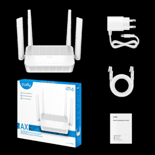 Маршрутизатор CUDY GP3000 AX3000 Wi-Fi 6 GPON Router Dual Band Gigabit xPON, Realtek chipset, GPON/EPON, 2402Mbps at 5GHz + 576Mbps at 2.4GHz, 802.11ax/ac/a/b/g/n, 1 PON Port, 4 Gigabit RJ45 port, Power ON/OFF Button,WPS Button,WiFi Button, Reset butto