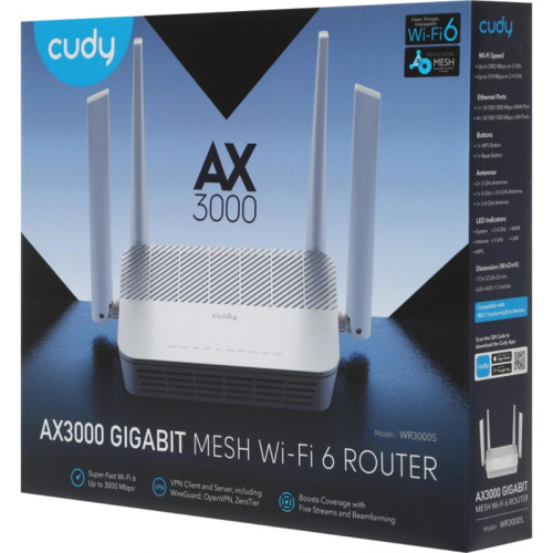 Маршрутизатор CUDY AX3000 Gigabit Wi-Fi 6 Mesh Router Dual Band, Chipset MT7981BA+MT7976CN+MT7531AE, 802.11ax/ac/a/b/g/n, 2402Mbps at 5GHz + 574Mbps at 2.4GHz, 5 x 10/100/1000Mbps Ports, 4 x 5dBi fixed antennas, WiFi router/AP/ Repeater/WISP Mode, PPTP/L2 Маршрутизатор CUDY AX3000 Gigabit Wi-Fi 6 Mesh Router Dual Band, Chipset MT7981BA+MT7976CN+MT7531AE, 802.11ax/ac/a/b/g/n, 2402Mbps at 5GHz + 574Mbps at 2.4GHz, 5 x 10/100/1000Mbps Ports, 4 x 5dBi fixed antennas, WiFi router/AP/ Repeater/WISP Mode, PPTP/L2