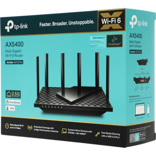 Роутер беспроводной TP-Link ARCHER AX72 PRO AX5400 10/100/1000BASE-TX черный