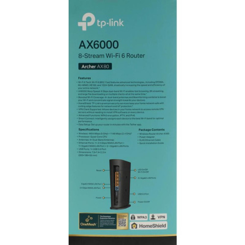 Роутер беспроводной TP-Link Archer AX80(EU) AX6000 100/1000/2500BASE-T черный