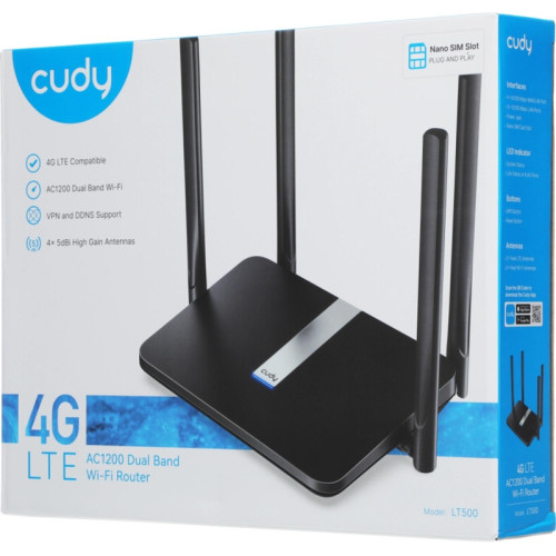 Маршрутизатор/ AC1200 Wi-Fi 4G LTE Cat.4 Router,1200Mbps Wi-Fi, Chipset MediaTek, build-in 4G LTE modem,  300Mbps at 2.4GHz + 867Mbps at 5GHz, 4  antennas, 4 10/100M RJ45 Ports,  Nano SIM Slot, PPTP/L2TP/OpenVPN/WireGuard VPN Client, DNS over Cloudflare/G