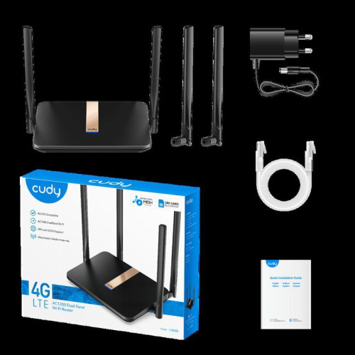 Модем CUDY AC1200 Wi-Fi Mesh 4G LTE  Cat4 Router,1200Mbps Wi-Fi, build-in 4G LTE modem, Chipset MediaTek, 300Mbps at 2.4GHz + 867Mbps at 5GHz, 2 WiFi  antennas, 2 Detachable 4G antennas, 4 10/100M RJ45 Ports, Nano SIM Slot, Cudy Mesh Support, PPTP/L2TP/Op