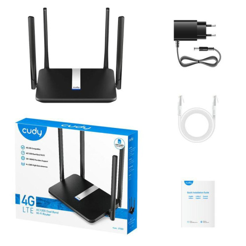 Модем CUDY AC1200 Wi-Fi Mesh 4G LTE Cat4 Router,1200Mbps Wi-Fi, Chipset MediaTek, build-in 4G LTE modem,  300Mbps at 2.4GHz + 867Mbps at 5GHz, 4  antennas, 4 10/100M RJ45 Ports,  Nano SIM Slot, PPTP/L2TP/OpenVPN/WireGuard VPN Client, DNS over Cloudflare/G