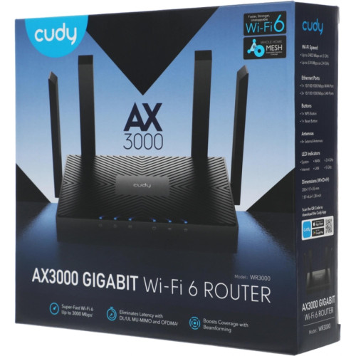 Маршрутизатор CUDY AX3000 Gigabit Wi-Fi 6 Mesh Router Dual Band, Chipset MT7981BA+MT7976CN+MT7531AE, 802.11ax/ac/a/b/g/n, 2402Mbps at 5GHz + 574Mbps at 2.4GHz, 4 10/100/1000Mbps Ports, 4 x 5dBi fixed antennas, WiFi router/AP/ Repeater/WISP Mode, PPTP/L2TP