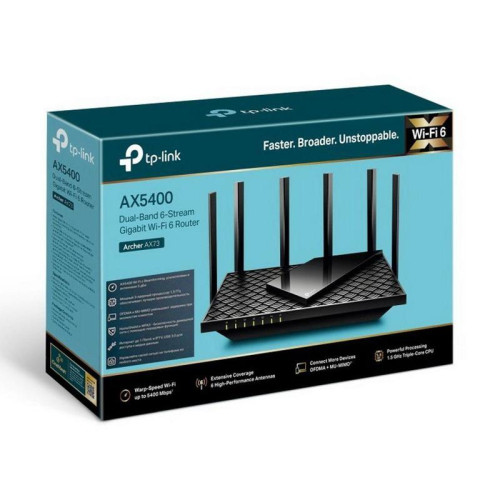 Маршрутизатор TP-LINK Archer AX73 AX5400 Двухдиапазонный гигабитный Wi-Fi роутер, трёхъядерный процессор 1,5 ГГц, 1 гигабитный порт Ethernet WAN + 4 гигабитных порта Ethernet LAN, 1 порт USB 3.0, поддержка 1024-QAM, OFDMA, MU-MIMO, ATF, Beamforming, RTL {