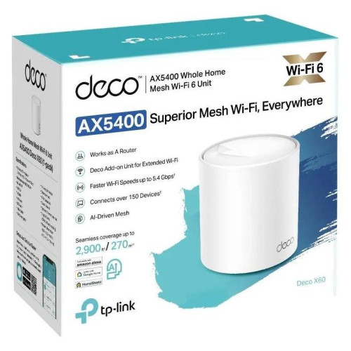 Бесшовный Mesh роутер TP-Link Deco X60(1-pack) AX5400 10/100/1000BASE-TX белый