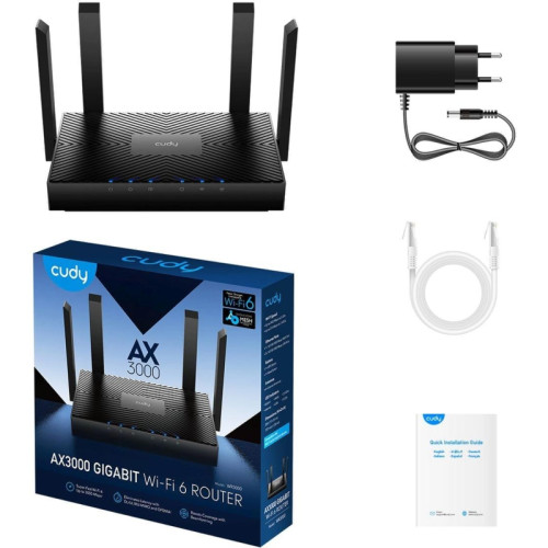 Маршрутизатор CUDY AX3000 Gigabit Wi-Fi 6 Mesh Router Dual Band, Chipset MT7981BA+MT7976CN+MT7531AE, 802.11ax/ac/a/b/g/n, 2402Mbps at 5GHz + 574Mbps at 2.4GHz, 4 10/100/1000Mbps Ports, 4 x 5dBi fixed antennas, WiFi router/AP/ Repeater/WISP Mode, PPTP/L2TP