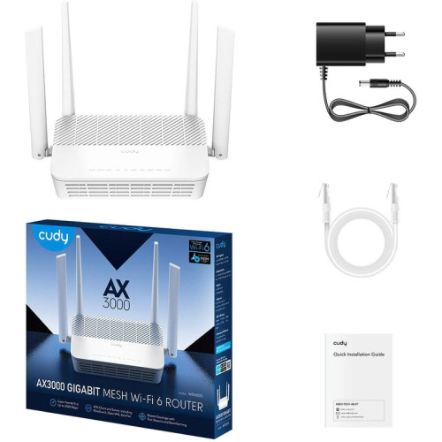 Маршрутизатор CUDY AX3000 Gigabit Wi-Fi 6 Mesh Router Dual Band, Chipset MT7981BA+MT7976CN+MT7531AE, 802.11ax/ac/a/b/g/n, 2402Mbps at 5GHz + 574Mbps at 2.4GHz, 5 x 10/100/1000Mbps Ports, 4 x 5dBi fixed antennas, WiFi router/AP/ Repeater/WISP Mode, PPTP/L2 Маршрутизатор CUDY AX3000 Gigabit Wi-Fi 6 Mesh Router Dual Band, Chipset MT7981BA+MT7976CN+MT7531AE, 802.11ax/ac/a/b/g/n, 2402Mbps at 5GHz + 574Mbps at 2.4GHz, 5 x 10/100/1000Mbps Ports, 4 x 5dBi fixed antennas, WiFi router/AP/ Repeater/WISP Mode, PPTP/L2