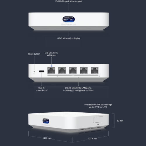 Маршрутизатор/ Compact 2.5G Cloud Gateway with 30+ UniFi device / 300+ client support, 2.3 Gbps IPS routing, and selectable NVR storage Маршрутизатор/ Compact 2.5G Cloud Gateway with 30+ UniFi device / 300+ client support, 2.3 Gbps IPS routing, and selectable NVR storage