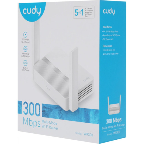 Маршрутизатор CUDY WR300 N300 Wi-Fi Router, Chipset MediaTek, 802.11b/g/n,300Mbps at 2.4GHz, 4 Ч 10/100Mbps Ports, 2 Ч 5dBi fixed antennas, WiFi router/AP/ Repeater/WISP Mode, Guest network, WPS, DDNS, VPN Client, IPv6, Cudy APP
