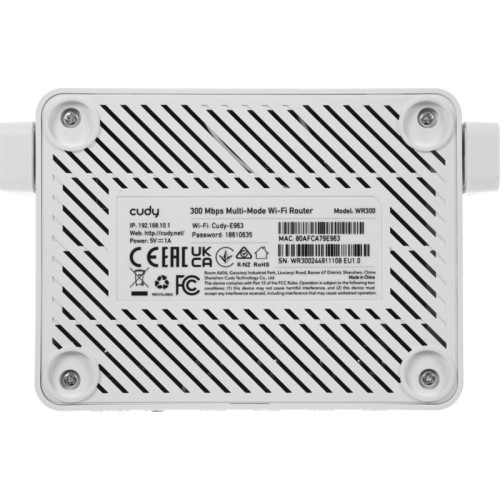 Маршрутизатор CUDY WR300 N300 Wi-Fi Router, Chipset MediaTek, 802.11b/g/n,300Mbps at 2.4GHz, 4 Ч 10/100Mbps Ports, 2 Ч 5dBi fixed antennas, WiFi router/AP/ Repeater/WISP Mode, Guest network, WPS, DDNS, VPN Client, IPv6, Cudy APP