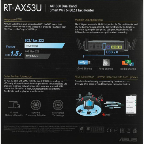 Роутер беспроводной Asus RT-AX53U AX1800 10/100/1000BASE-TX/4G ready черный