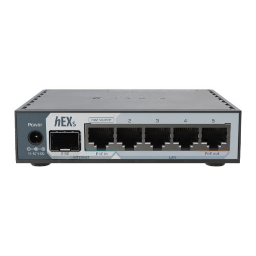 Маршрутизатор/ MikroTik E60iUGS (hEX S 2025) powerful wired router for homes and small businesses, featuring 5 Gigabit Ethernet ports (PoE in/out), a 2.5G SFP cage, USB 3.0, a dual-core CPU, 512MB RAM