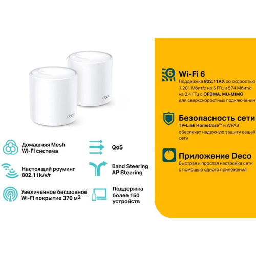 Бесшовный Mesh роутер TP-Link Deco X20(2-PACK) AX1800 10/100/1000BASE-TX белый (упак.:2шт)