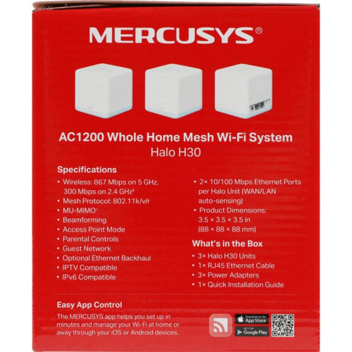 Бесшовный Mesh роутер Mercusys Halo H30(3-pack) AC1200 10/100BASE-TX компл.:устройство/крепления/адаптер белый (упак.:3шт)
