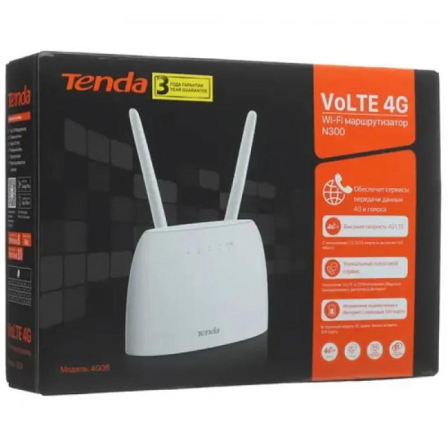 Маршрутизатор Tenda 4G06 Wi-Fi Роутер N300, 2,4 ГГц до 300 Мбит/с, LTE/3G/4G до 150 Мбит/с, SIM-слот, 2 внешние 4G/3G антенны + 2 встроенные Wi-Fi антенны, LAN 2x100 Мбит/с