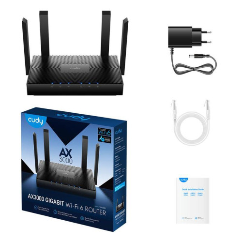 Маршрутизатор CUDY AX3000 Gigabit Wi-Fi 6 Mesh Router Dual Band, Chipset MT7981BA+MT7976CN+MT7531AE, 802.11ax/ac/a/b/g/n, 2402Mbps at 5GHz + 574Mbps at 2.4GHz, 4 10/100/1000Mbps Ports, 4 x 5dBi fixed antennas, WiFi router/AP/ Repeater/WISP Mode, PPTP/L2TP