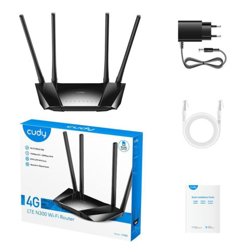 Модем CUDY N300 Wi-Fi 4G LTE Cat4  Router, 300Mbps Wi-Fi, Chipset MediaTek, 802.11b/g/n, 4 Fixed antennas, 4 10/100M RJ45 Ports, Nano SIM Slot, PPTP/L2TP/OpenVPN/WireGuard VPN Client, DNS over Cloudflare/Google/Quad9, DDNS,  Band locking, TTL Setting, TR0