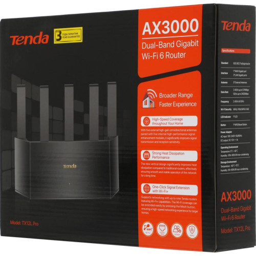 Роутер беспроводной Tenda TX12L Pro AX3000 10/100/1000BASE-TX черный