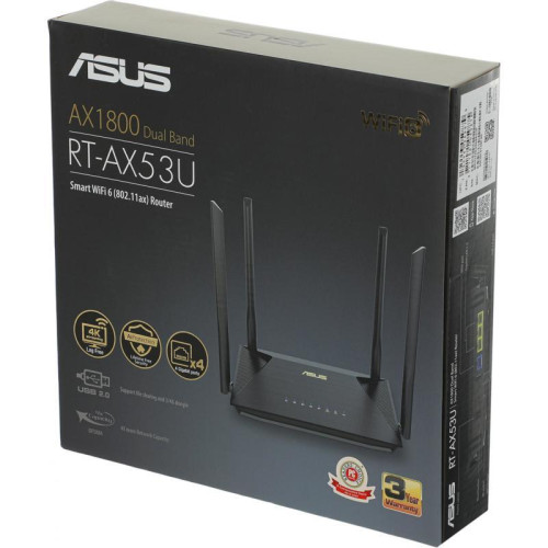 Роутер беспроводной Asus RT-AX53U AX1800 10/100/1000BASE-TX/4G ready черный