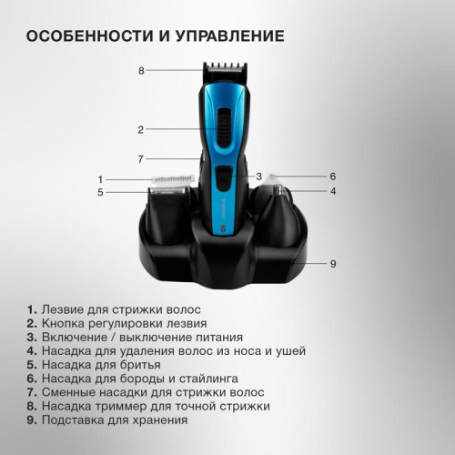 Машинка для стрижки/ Машинка для стрижки Starwind SHC 4379 синий/черный 3Вт (насадок в компл:9шт)