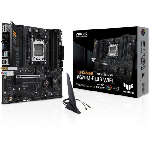 Материнская плата ASUS TUF GAMING A620M-PLUS WIFI SocketAM5 AMD A620 4xDDR5 mATX AC`97 8ch(7.1) 2.5Gg RAID+HDMI+DP [TUF GAMING A620M-PLUS WIFI]