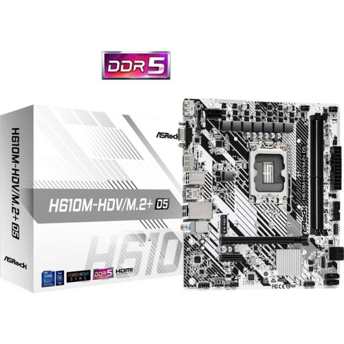 Материнская плата Asrock H610M-HDV/M.2+ D5 Soc-1700 Intel H610 2xDDR5 mATX AC`97 8ch(7.1) GbLAN+VGA+HDMI+DP [H610M-HDV/M.2+ D5]