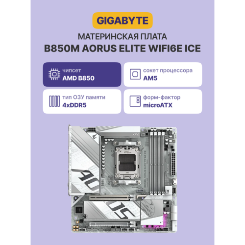 Материнская плата Gigabyte B850M A ELT WF6E ICE SocketAM5 AMD B850 4xDDR5 mATX AC`97 8ch(7.1) 2.5Gg RAID+HDMI [B850M A ELT WF6E ICE]