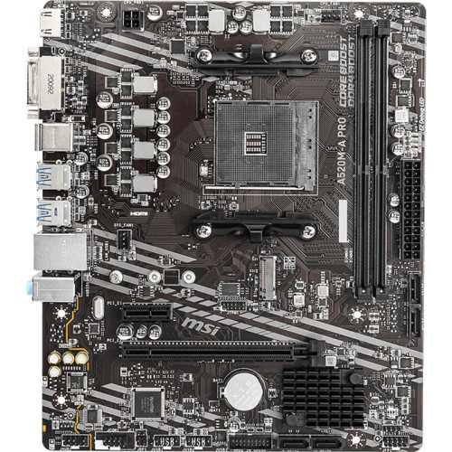 Материнская плата MB MSI AMD A520 sAM4, 2xDDR4(64GB), DVI-D/HDMI 2.1, 1xPCIe 3.0x16, 1xPCIe 3.0, 1xLAN, 4xSATA 6Gb/s, 1xM.2, 4xUSB 3.2, 2xUSB 2.0, 1xPS/2, mATX