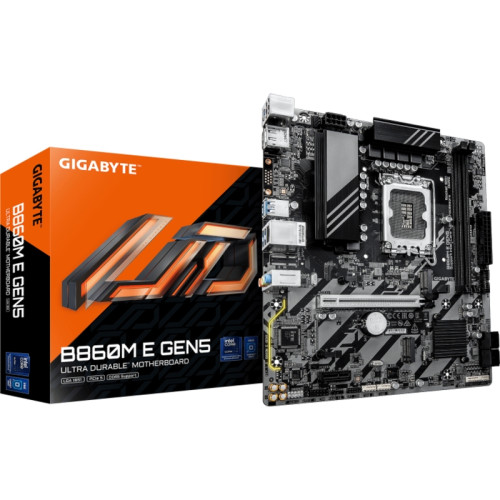 Материнская плата Gigabyte B860M E GEN5 B860, LGA1851, 2*DDR5, 1*PCIEx16, 1*PCIEx1, 2*M.2 6*USB3.2Gen1, 6*USB2.0, 4*SATA3.0, 1G, DP, HDMI, M-ATX, RTL