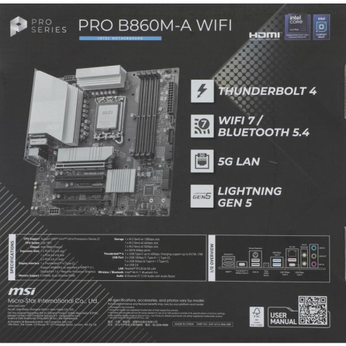 Материнская плата MSI PRO B860M-A WIFI Soc-1851 Intel B860 4xDDR5 mATX AC`97 8ch(7.1) 5Gigabit RAID+HDMI+DP