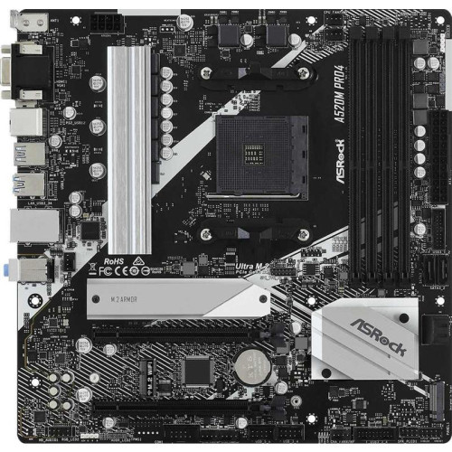 Материнская плата Asrock A520M PRO4 Soc-AM4 AMD A520 4xDDR4 mATX AC`97 8ch(7.1) GbLAN RAID+VGA+HDMI+DP [A520M PRO4]