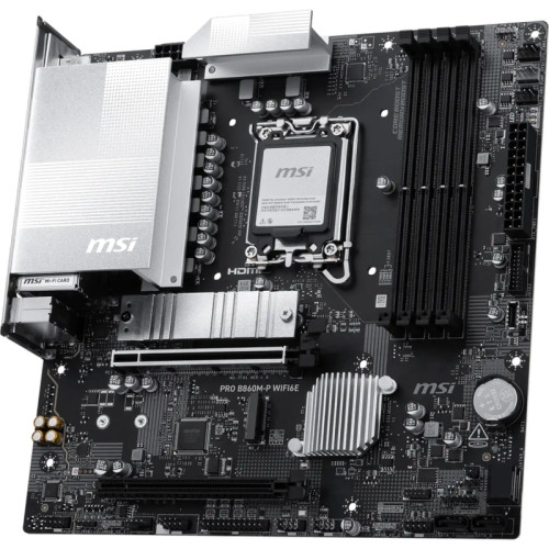 Материнская плата MSI PRO B860M-P WIFI6E B860, LGA1851, 4*DDR5, 2*PCIEx16, 2*M.2, 1*TypeC, 5*USB3.2Gen1, 6*USB2.0, 4*SATA3, 2.5G, VGA, DP, HDMI, M-ATX, RTL