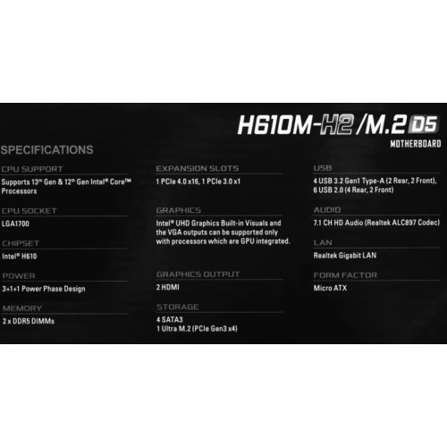 Материнская плата Asrock H610M-H2/M.2 D5 Soc-1700 Intel H610 2xDDR5 mATX AC`97 8ch(7.1) GbLAN+HDMI [H610M-H2/M.2 D5]
