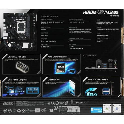 Материнская плата Asrock H610M-H2/M.2 D5 Soc-1700 Intel H610 2xDDR5 mATX AC`97 8ch(7.1) GbLAN+HDMI [H610M-H2/M.2 D5]
