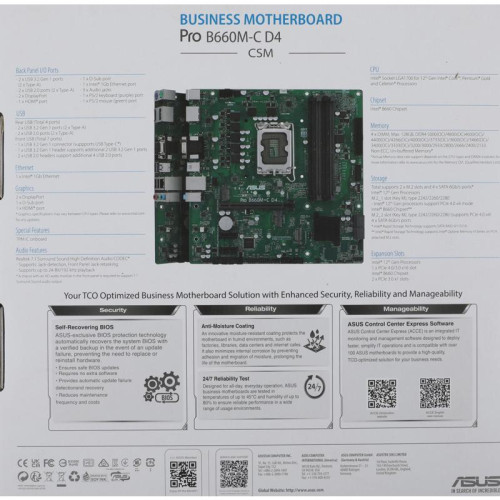 Материнская плата Asus PRO B660M-C D4-CSM Soc-1700 Intel B660 4xDDR4 mATX AC`97 8ch(7.1) GbLAN RAID+VGA+HDMI+DP